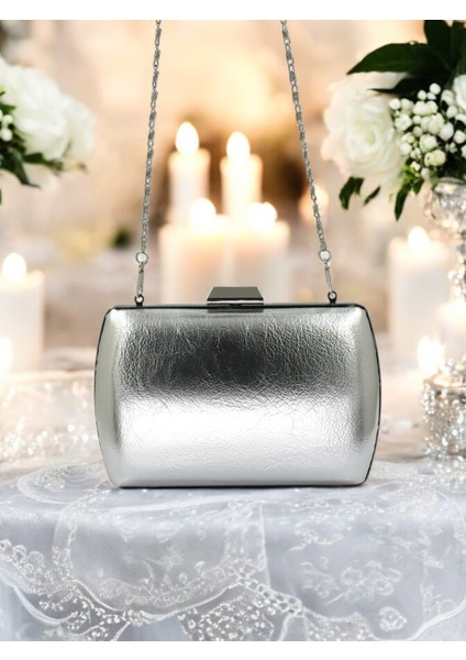 Gümüş Gri Lame Kırışık Cilt Deri Metalik Renk Zincir Askılı Abiye Çanta Düğün Nişan Mezuniyet indirimleri