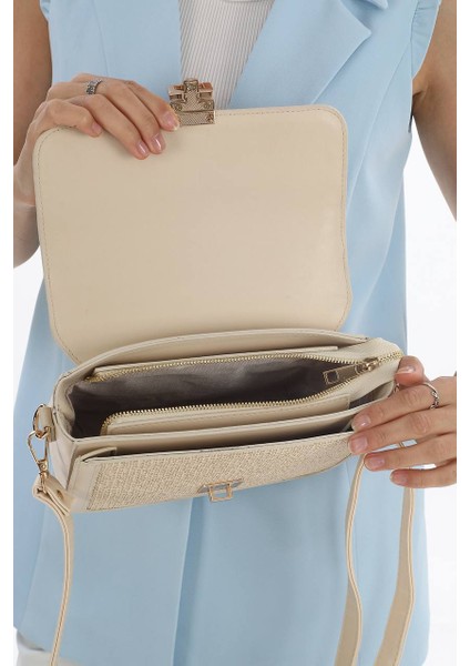 ,kilit Detaylı, Hasır Nakışlı,günlük ,şık,krem bayan Çapraz Çantası modelleri
