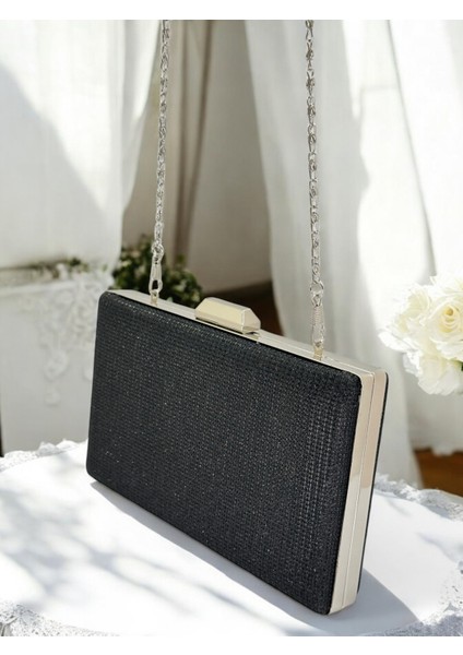 Siyah Renk Simli Metal Saplı Kadın Abiye Çanta Düğün Nişan Mezuniyet modelleri