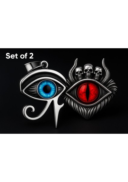 Paslanmaz Çelik 2’li Göz Kolye Seti Mavi Eye Of Horus ve Kırmızı Şeytan Gözü Kolye