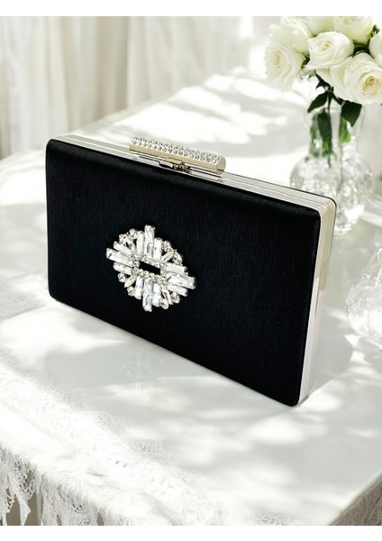 Siyah Renk El Izi Yapmayan Çizgili Saten Kristal Taşlı Kadın Abiye Çanta Düğün Nişan