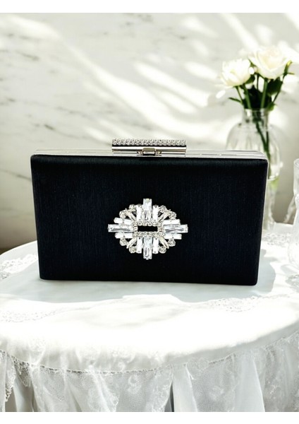 Siyah Renk El Izi Yapmayan Çizgili Saten Kristal Taşlı Kadın Abiye Çanta Düğün Nişan fiyatları