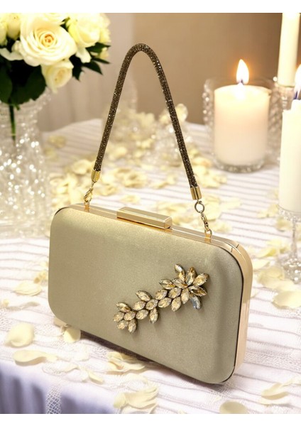 Nude Renk Saten Taşlı Saplı Kadın Abiye Çanta Düğün Nişan Mezuniyet