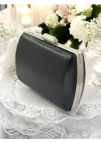 Siyah Kırışık Cilt Deri Metalik Renk Zincir Askılı Abiye Çanta Düğün Nişan Mezuniyet