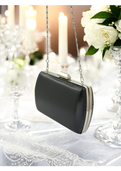 Siyah Kırışık Cilt Deri Metalik Renk Zincir Askılı Abiye Çanta Düğün Nişan Mezuniyet modelleri