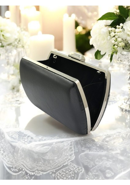 Siyah Kırışık Cilt Deri Metalik Renk Zincir Askılı Abiye Çanta Düğün Nişan Mezuniyet fırsatları