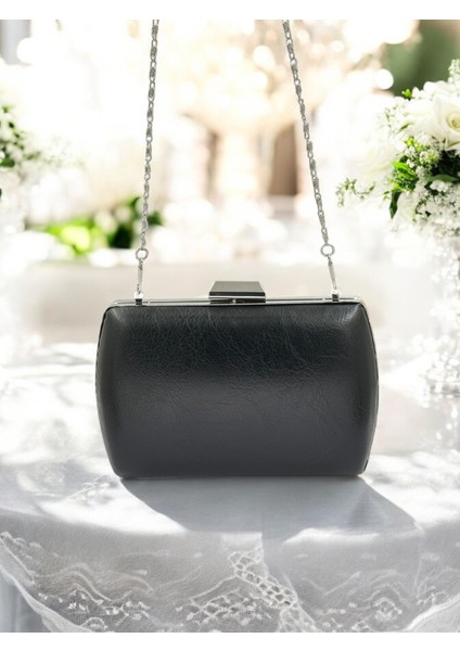 Siyah Kırışık Cilt Deri Metalik Renk Zincir Askılı Abiye Çanta Düğün Nişan Mezuniyet indirimleri