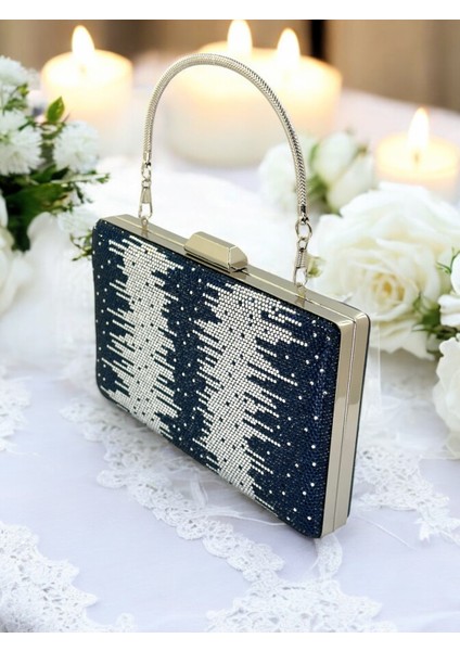 Lacivert Gümüş Metal Saplı Kristal Taşlı Abiye Çanta Düğün Nişan Kına Mezuniyet