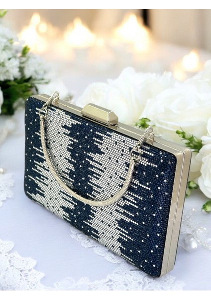 Lacivert Gümüş Metal Saplı Kristal Taşlı Abiye Çanta Düğün Nişan Kına Mezuniyet modelleri