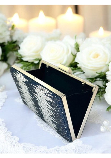 Lacivert Gümüş Metal Saplı Kristal Taşlı Abiye Çanta Düğün Nişan Kına Mezuniyet indirimleri