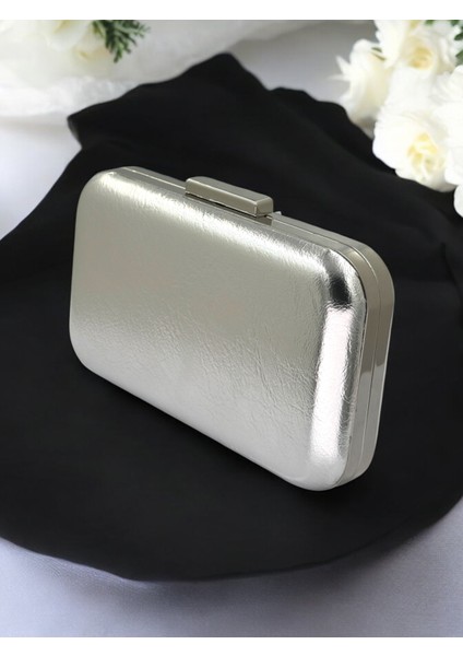 Gümüş Gri Lame Kırışık Cilt Deri Metalik Renk Zincir Askılı Abiye Çanta Düğün Nişan Mezuniyet