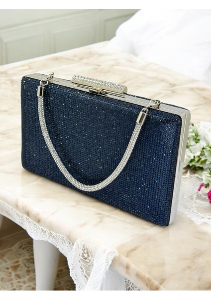 Taşlı Saplı Lacivert Renk Iki Tarıfıda Komple Taşlı Kadın Abiye Çanta Düğün Nişan Mezuniyet