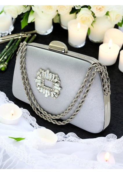 Özel Tasarım Gri Renk Saten Zincir Saplı Gümüş Kristal Taşlı Saplı Kulplu Kadın Abiye Çanta