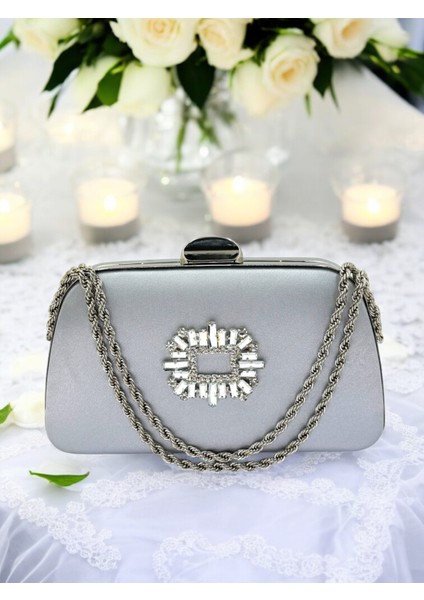 Özel Tasarım Gri Renk Saten Zincir Saplı Gümüş Kristal Taşlı Saplı Kulplu Kadın Abiye Çanta fiyatları