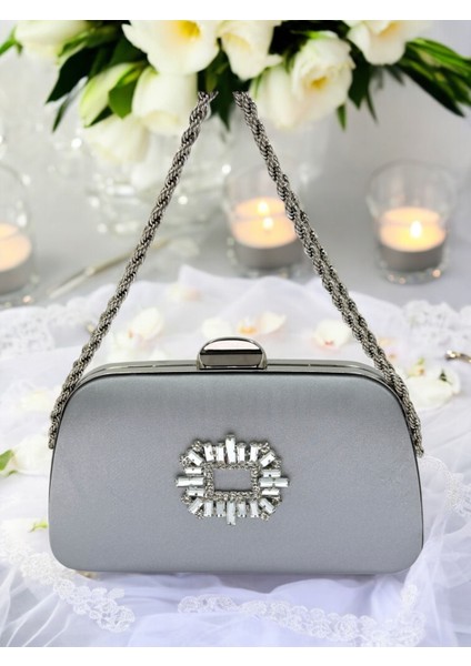 Özel Tasarım Gri Renk Saten Zincir Saplı Gümüş Kristal Taşlı Saplı Kulplu Kadın Abiye Çanta