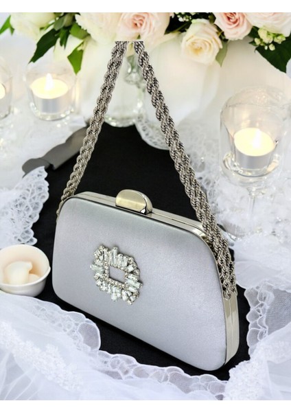 Özel Tasarım Gri Renk Saten Zincir Saplı Gümüş Kristal Taşlı Saplı Kulplu Kadın Abiye Çanta