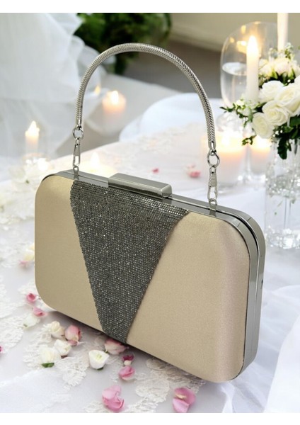 Nude Renk Saten Platin Taşlı Abiye Çanta Gece Çantası Nişan Düğün Çantası