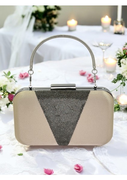 Nude Renk Saten Platin Taşlı Abiye Çanta Gece Çantası Nişan Düğün Çantası fiyatları