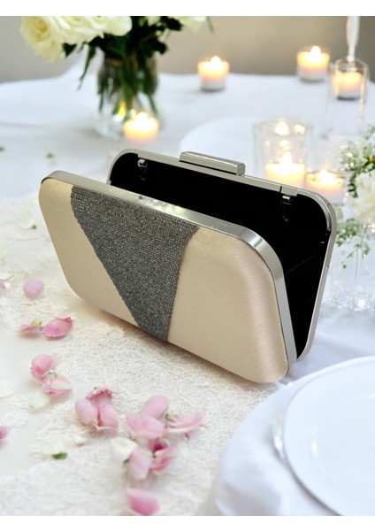 Nude Renk Saten Platin Taşlı Abiye Çanta Gece Çantası Nişan Düğün Çantası modelleri