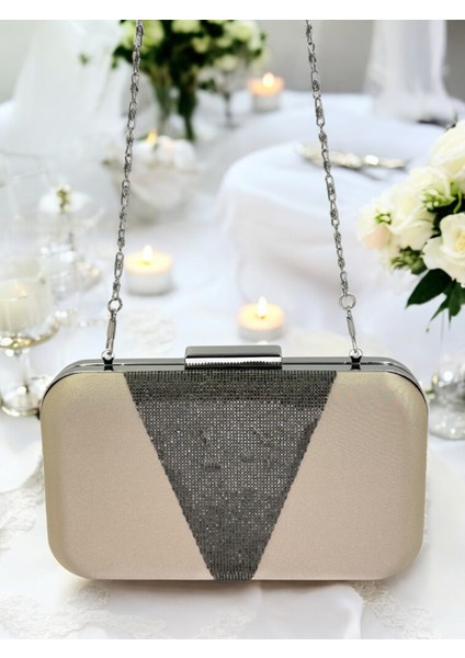 Nude Renk Saten Platin Taşlı Abiye Çanta Gece Çantası Nişan Düğün Çantası fırsatları