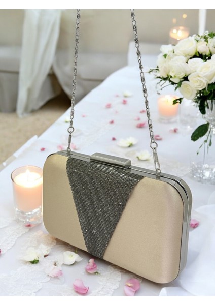 Nude Renk Saten Platin Taşlı Abiye Çanta Gece Çantası Nişan Düğün Çantası indirimleri