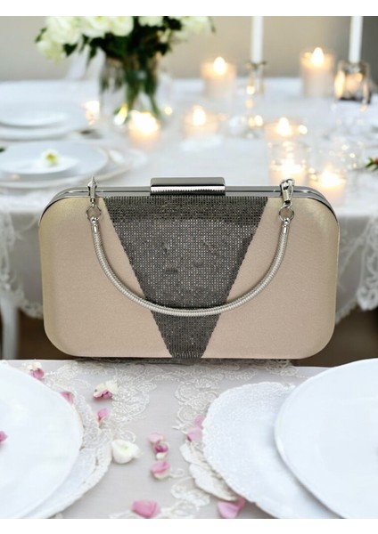 Nude Renk Saten Platin Taşlı Abiye Çanta Gece Çantası Nişan Düğün Çantası