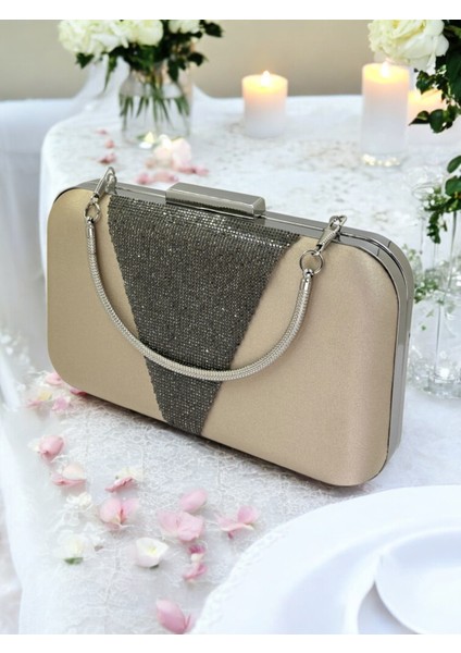 Nude Renk Saten Platin Taşlı Abiye Çanta Gece Çantası Nişan Düğün Çantası