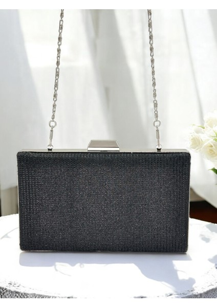 Siyah Renk Simli Metal Saplı Kadın Abiye Çanta Düğün Nişan Mezuniyet fırsatları