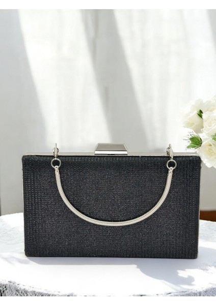 Siyah Renk Simli Metal Saplı Kadın Abiye Çanta Düğün Nişan Mezuniyet indirimleri