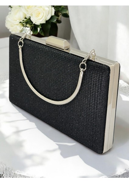 Siyah Renk Simli Metal Saplı Kadın Abiye Çanta Düğün Nişan Mezuniyet