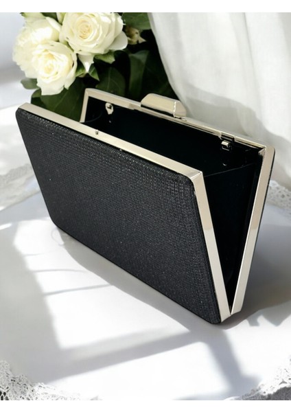 Siyah Renk Simli Metal Saplı Kadın Abiye Çanta Düğün Nişan Mezuniyet