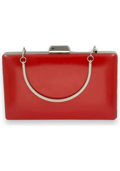 Kırmızı Renk Cilt Deri Mat Deri Metal Saplı Abiye Çanta Gece Çantası Düğün Nişan Kına