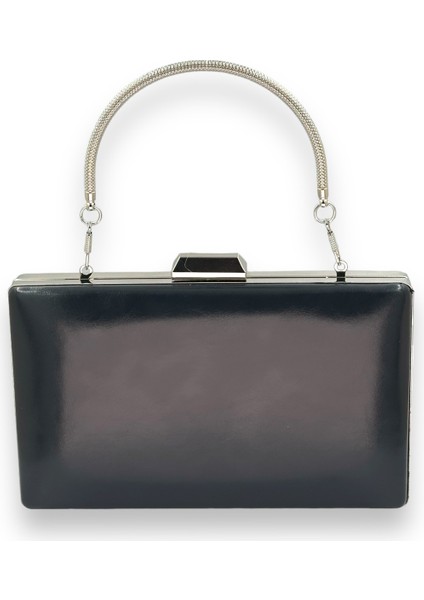 Lacivert Renk Cilt Deri Mat Deri Metal Saplı Abiye Çanta Gece Çantası Düğün Nişan Kına