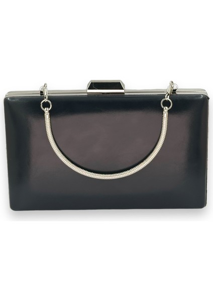 Lacivert Renk Cilt Deri Mat Deri Metal Saplı Abiye Çanta Gece Çantası Düğün Nişan Kına