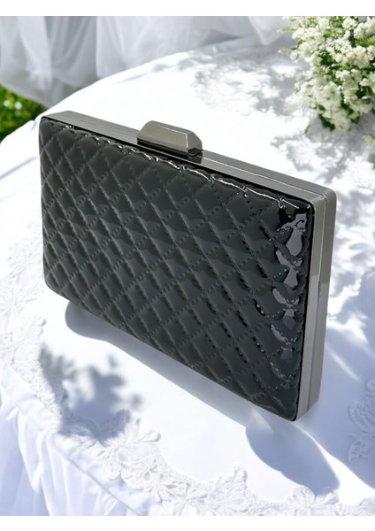 Siyah Lüks Rugan Kapitone Desenli Kadın Abye Çanta Düğün Nişan Mezuniyet