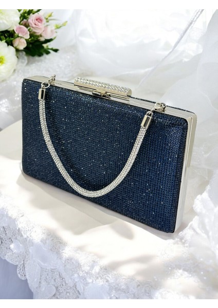 Taşlı Saplı Lacivert Renk Tek Taraf Taşlı Kadın Abiye Çanta Düğün Nişan Mezuniyet