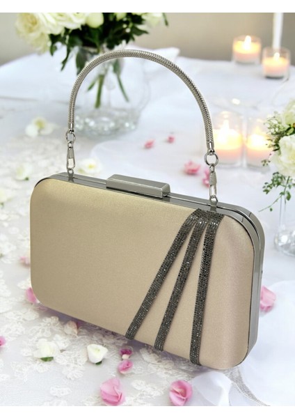 Nude Renk Saten Platin Taşlı Abiye Çanta Gece Çantası Nişan Düğün Çantası