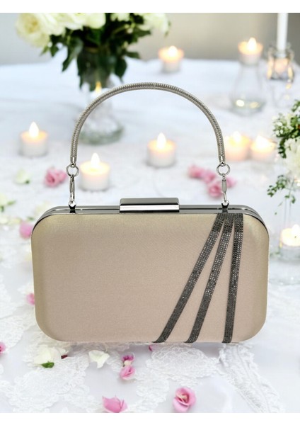 Nude Renk Saten Platin Taşlı Abiye Çanta Gece Çantası Nişan Düğün Çantası fiyatları