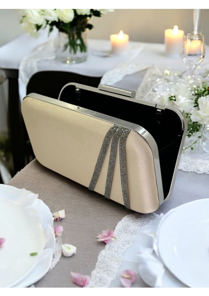 Nude Renk Saten Platin Taşlı Abiye Çanta Gece Çantası Nişan Düğün Çantası modelleri