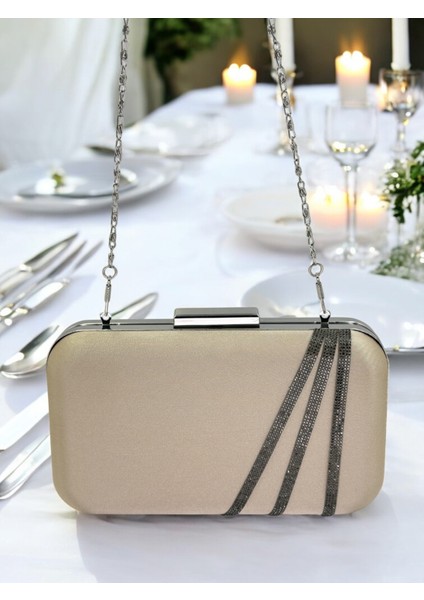 Nude Renk Saten Platin Taşlı Abiye Çanta Gece Çantası Nişan Düğün Çantası fırsatları