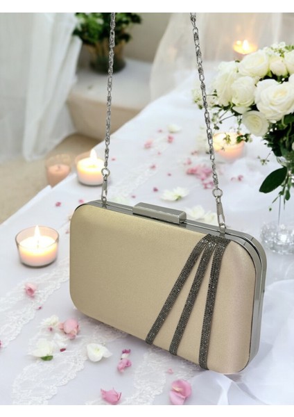 Nude Renk Saten Platin Taşlı Abiye Çanta Gece Çantası Nişan Düğün Çantası indirimleri