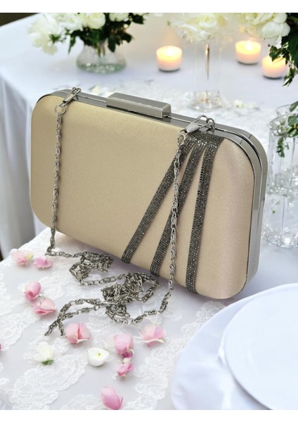 Nude Renk Saten Platin Taşlı Abiye Çanta Gece Çantası Nişan Düğün Çantası