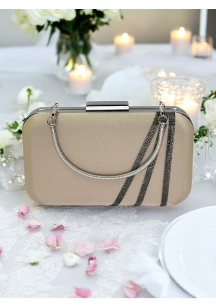 Nude Renk Saten Platin Taşlı Abiye Çanta Gece Çantası Nişan Düğün Çantası