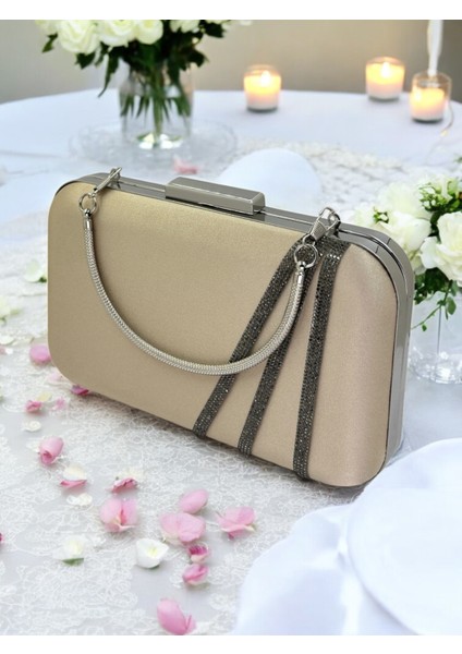 Nude Renk Saten Platin Taşlı Abiye Çanta Gece Çantası Nişan Düğün Çantası