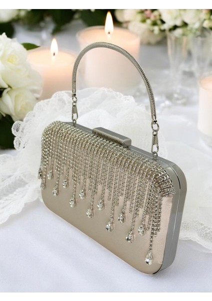 El Yapımı Ten Nude Saten Kristal Taşlı Abiye Çanta