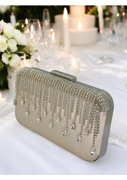 El Yapımı Ten Nude Saten Kristal Taşlı Abiye Çanta