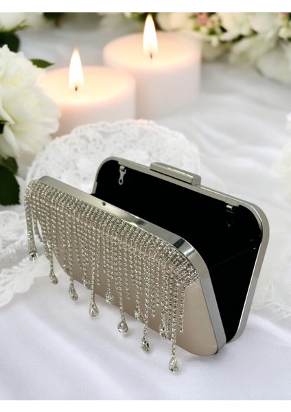 El Yapımı Ten Nude Saten Kristal Taşlı Abiye Çanta