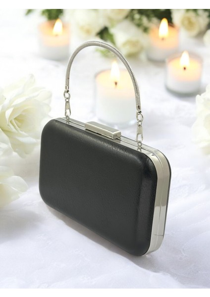 Siyah Kırışık Cilt Deri Metalik Renk Zincir Askılı Abiye Çanta Düğün Nişan Mezuniyet