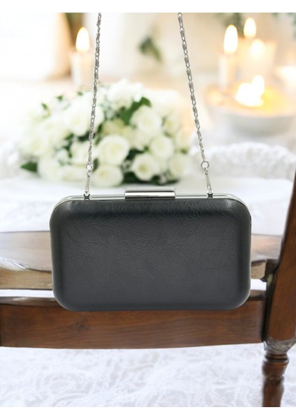Siyah Kırışık Cilt Deri Metalik Renk Zincir Askılı Abiye Çanta Düğün Nişan Mezuniyet fırsatları