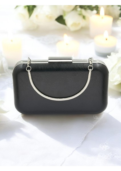 Siyah Kırışık Cilt Deri Metalik Renk Zincir Askılı Abiye Çanta Düğün Nişan Mezuniyet